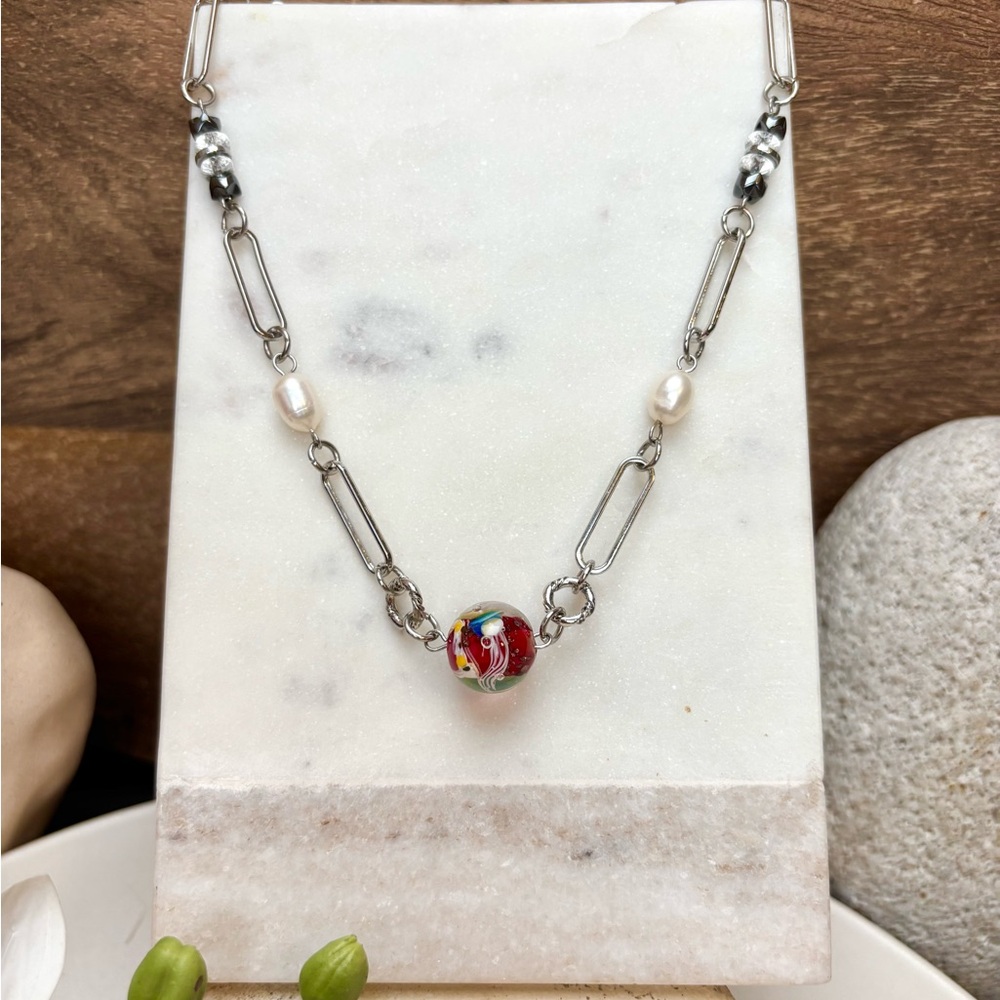 Murano Glass Red Necklace white pearl quartz hematite beads Gardgy handmade